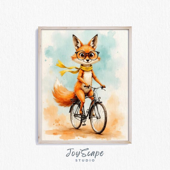 Funny Fox On Bicycle Watercolor Print Whimsical Wall Art Cute Nursery Decor Instant For Kids Room 519