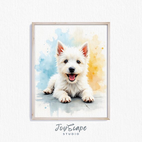 Smiling West Highland Terrier Puppy Watercolor Pet Portrait Print