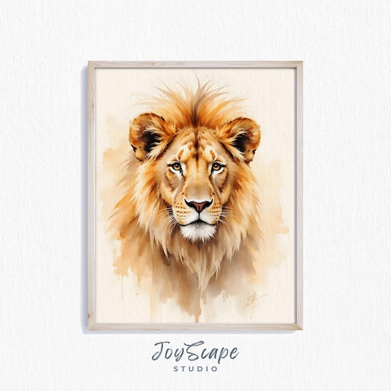 Majestic Lion Portrait Watercolor Wildlife Painting Rustic Nursery Art Poster