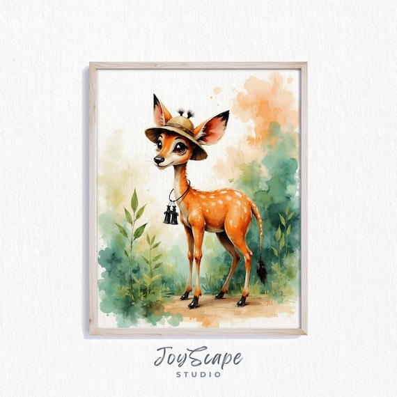 Baby Deer Fawn Safari Hat Binoculars Watercolor Cute Woodland Wall Poster