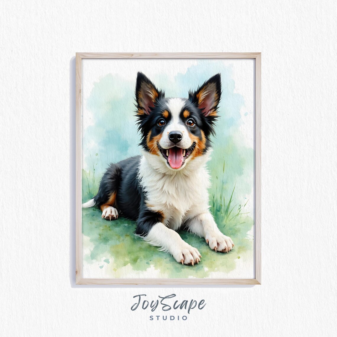 Border Collie Puppy Tricolor Watercolor Portrait with Green Splashes Poster
