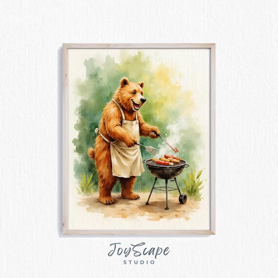 Funny Brown Bear Grilling BBQ in Apron Watercolor Kitchen Poster
