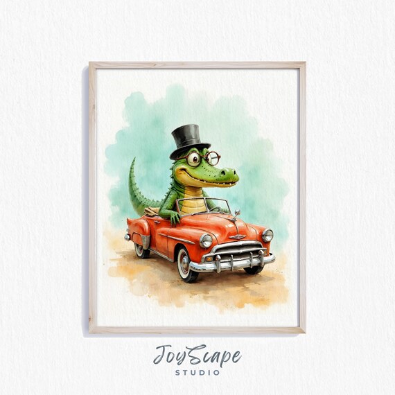 Dapper Alligator in a Top Hat Driving a Red Vintage Car Watercolor Poster