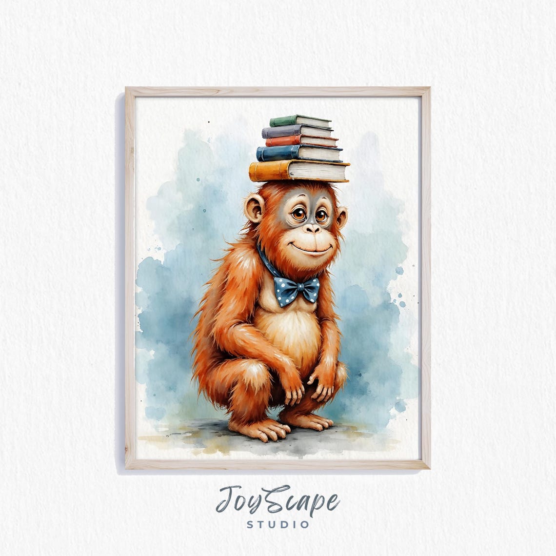 Orangutan Balancing Books Stack Cute Nursery Watercolor Poster