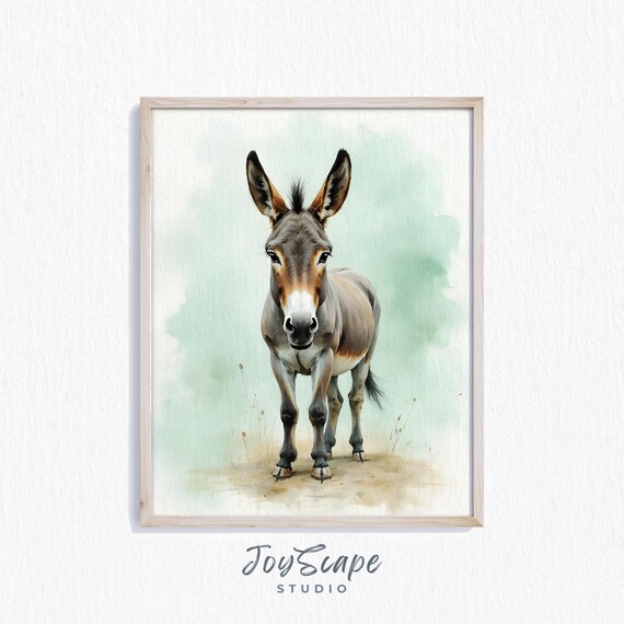 Cute Donkey Watercolor Portrait Rustic Farm Animal Nursery Poster