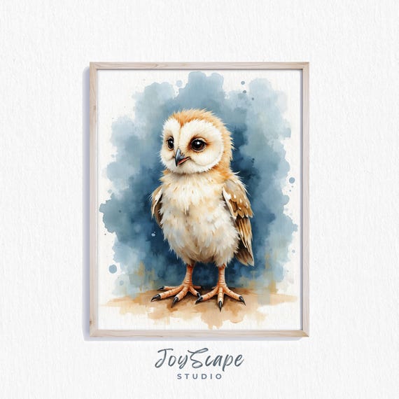 Baby Owl Chick Watercolor Nursery Wall Art Bird Animal Kids Room