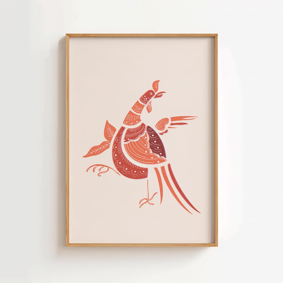 Orange Folk Art Bird Asian Inspired Stylized Modern Boho Decor Poster