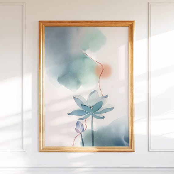 Tranquil Blue Flower Wall Art Japandi Style Watercolor Botanical Print Minimalist Zen Poster For Calm Home Decor