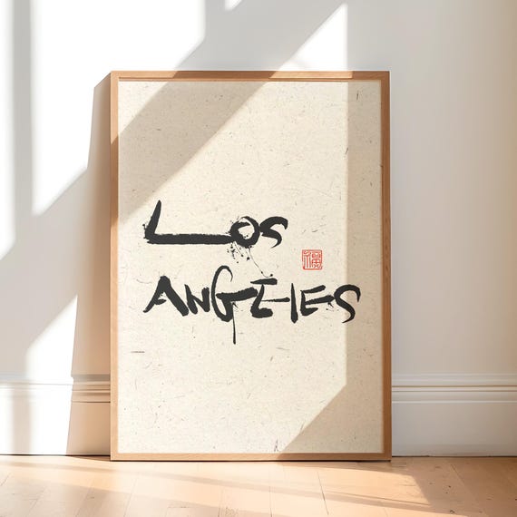 Los Angeles Calligraphy Wall Art Minimalist Ink Brush Typography Print Zen Modern Home Decor Asian Inspired Artwork Black Poster