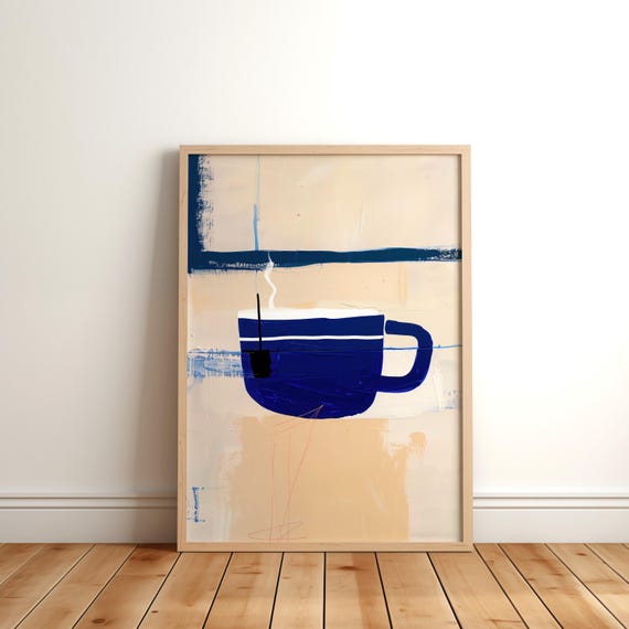 Coffee Poster Navy Blue Cup Wall Art Modern Abstract Painting Beige Kitchen Decor Dopamine Print Bar Sign