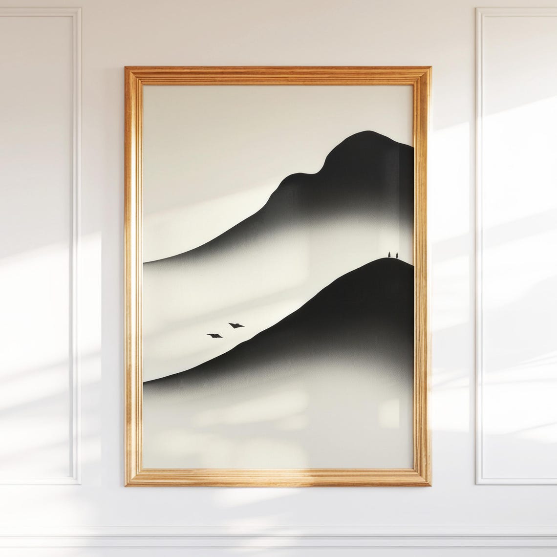 Minimalist Black Ink Mountain Landscape Two Birds Scenic Poster