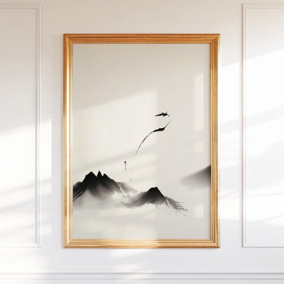 Zen Ink Bird Art Minimalist Landscape Wall Pictures Print Modern Folk Nature Inspired Decor Gift For Him Home Office