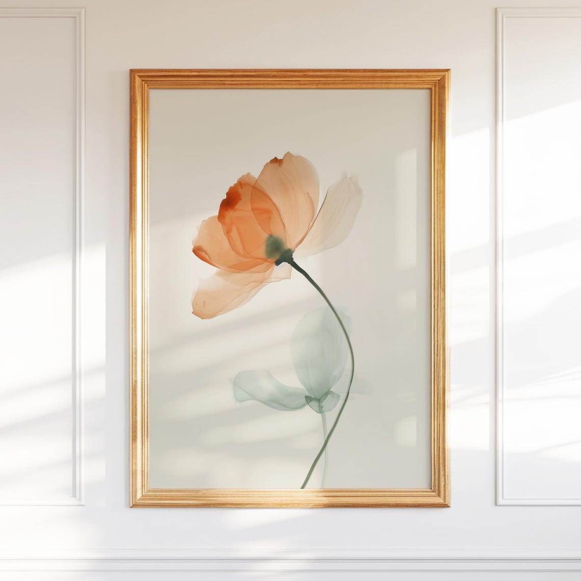 Soft Orange Poppy Bloom Zen Minimalist Watercolor Flower Poster