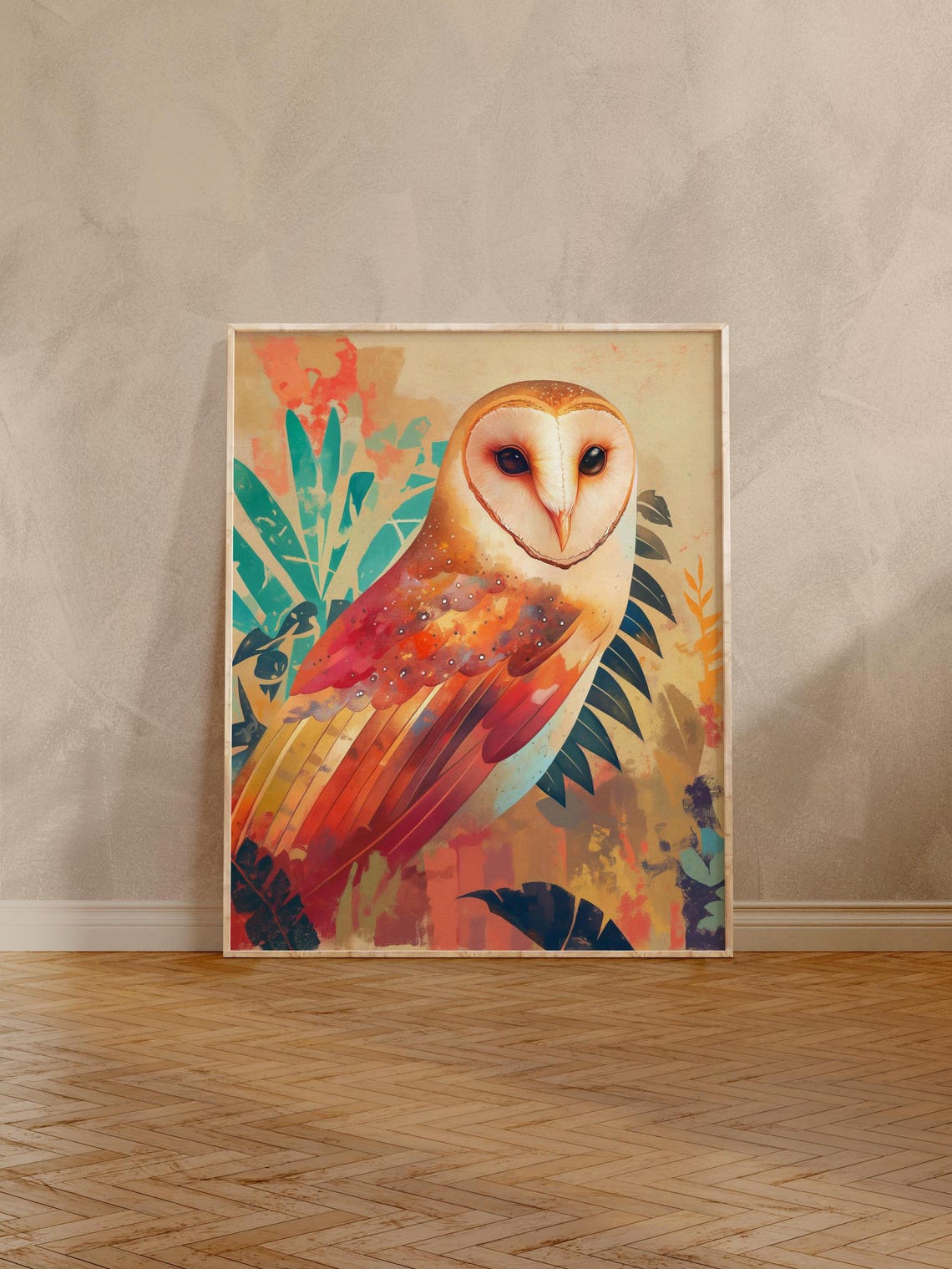 Stylized Barn Owl in Warm Sunset Tones with Tropical Leaves Poster - Image 2