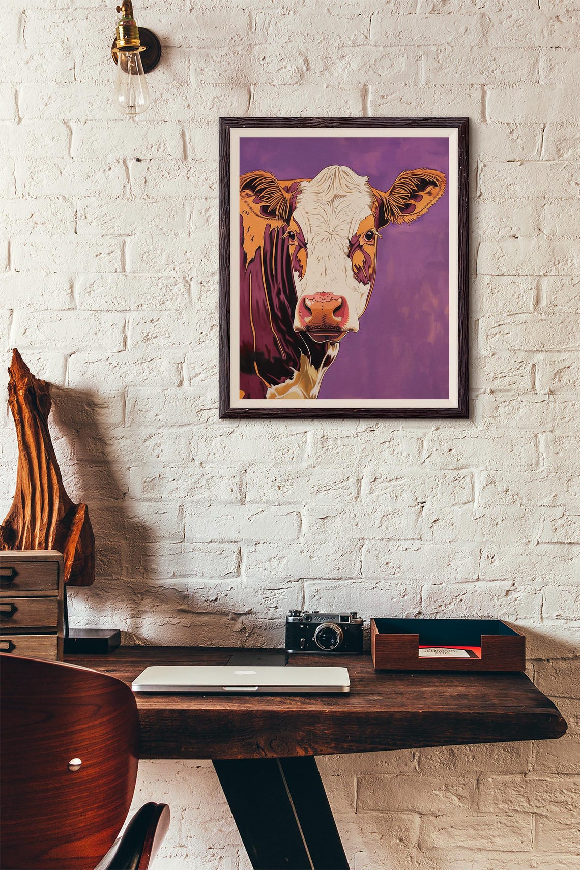 Pop Art Cow Portrait with Bold Orange on Purple Background Poster - Image 3