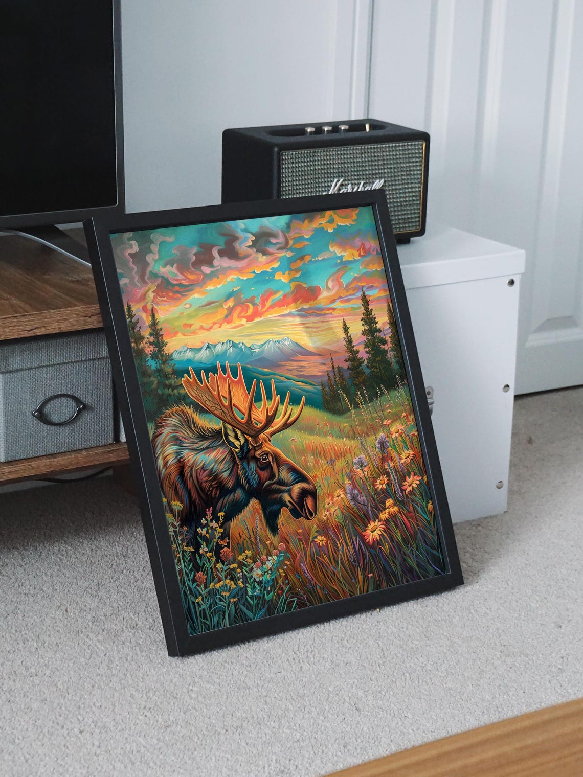 Moose in Wildflower Meadow Colorful Sunset Mountain View Poster - Image 8