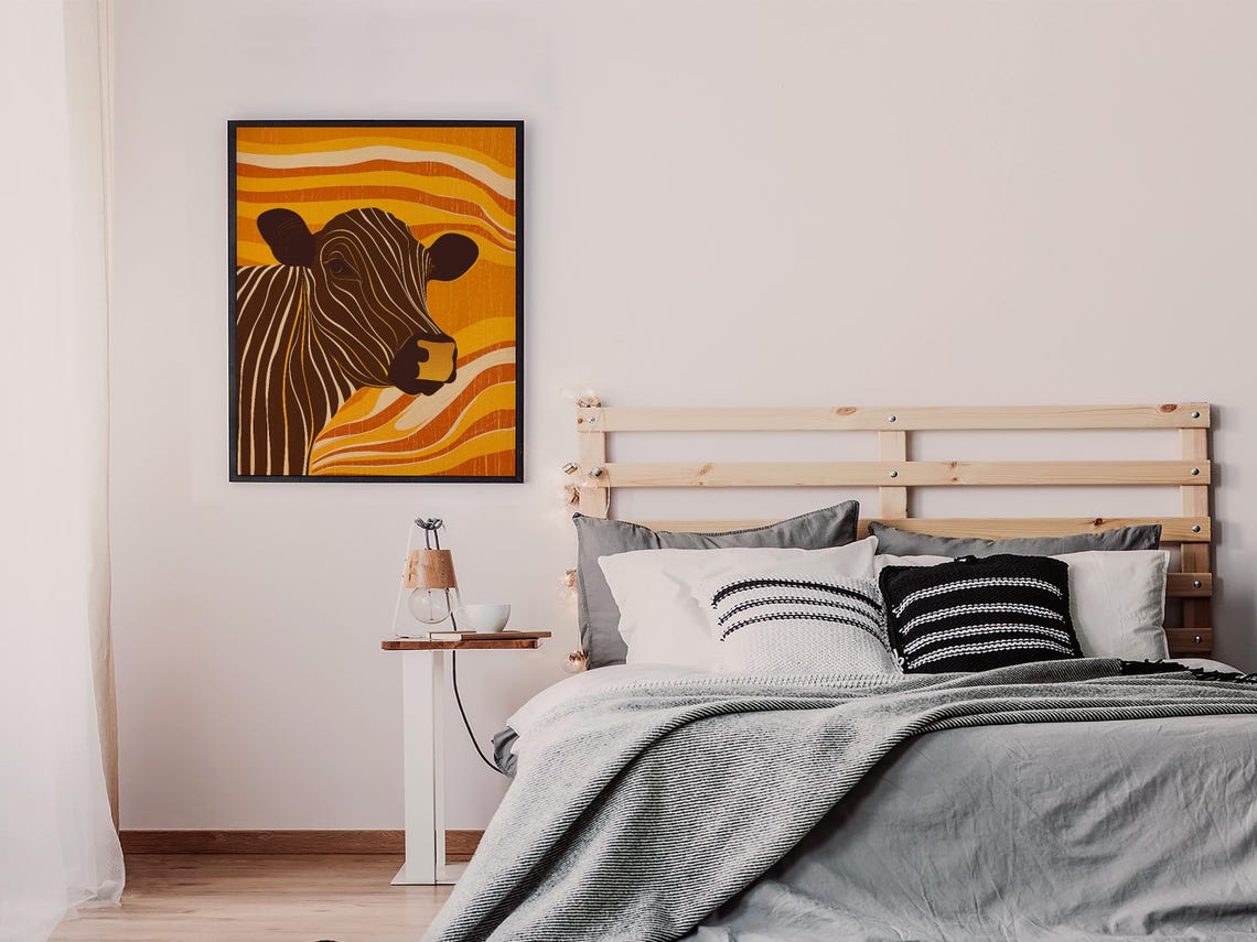 Retro Striped Cow Head on Orange Wavy Sunburst Background Art Poster - Image 7