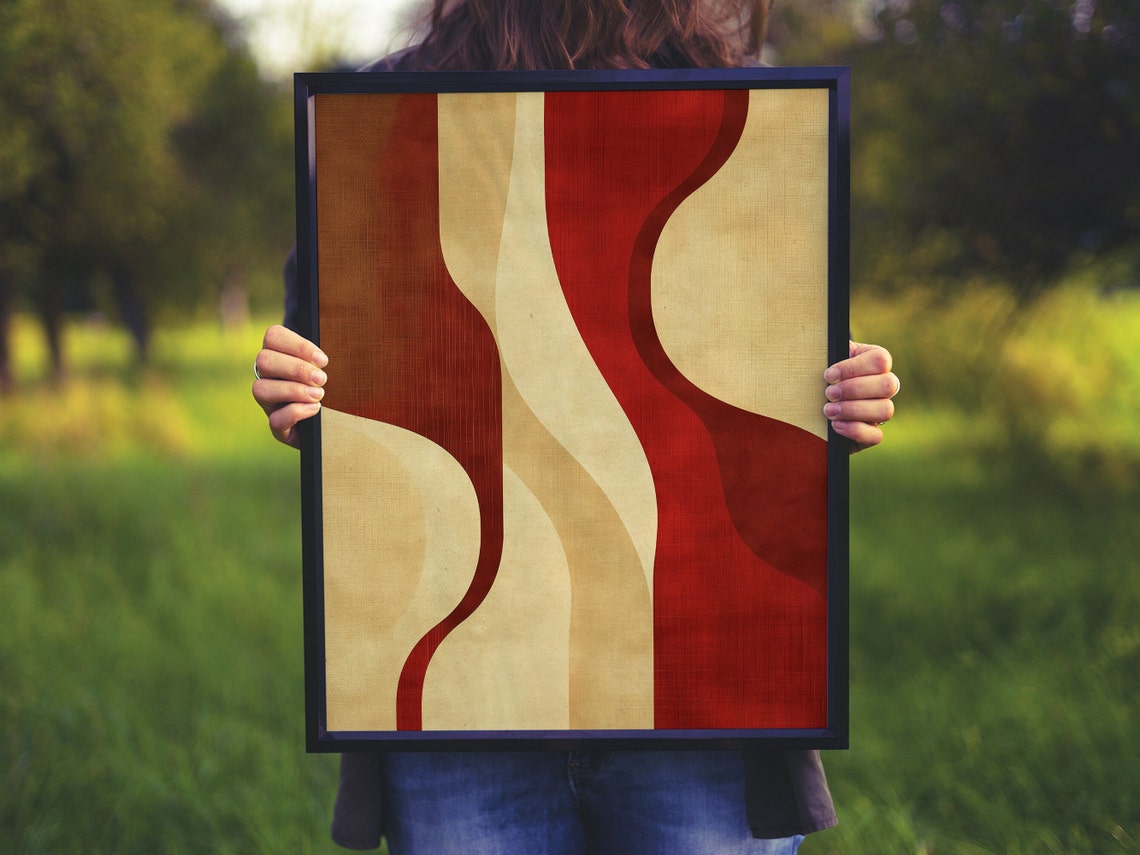 Deep Red and Cream Vertical Waves Mid Century Abstract Poster - Image 4