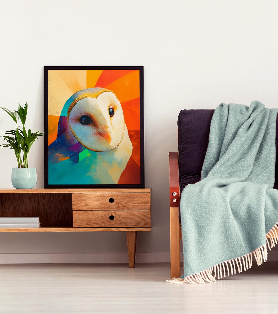Barn Owl Face Close-Up With Orange and Teal Sunburst Colors Art Poster - Image 4