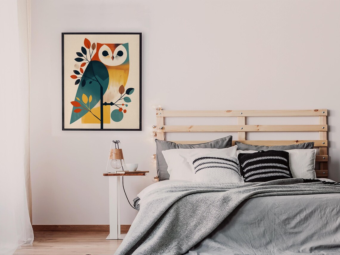 Geometric Mid-Century Owl on a Branch with Autumn Leaves Poster - Image 3