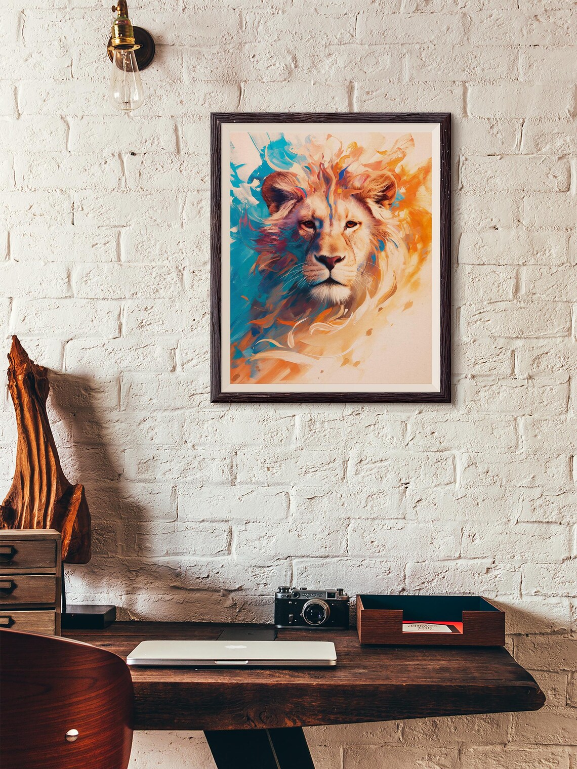Colorful Lion Portrait With Turquoise and Orange Abstract Brushstrokes Poster - Image 3