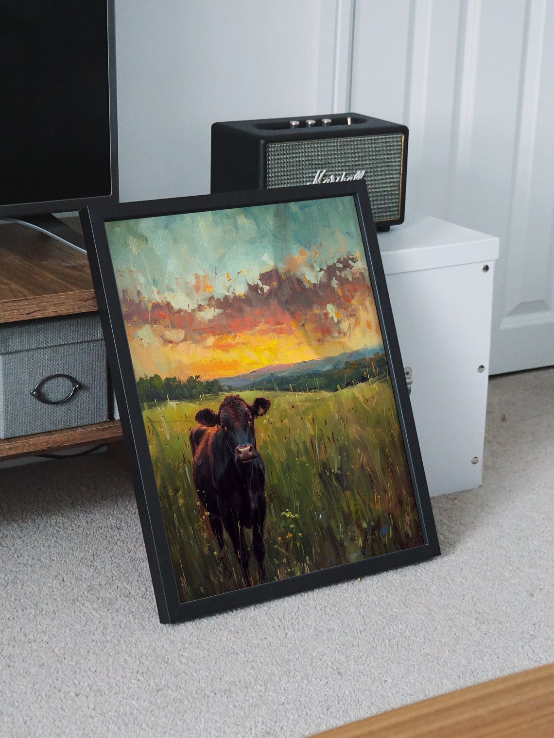 Black Cow in a Green Pasture Under a Beautiful Glowing Sunset Poster - Image 8