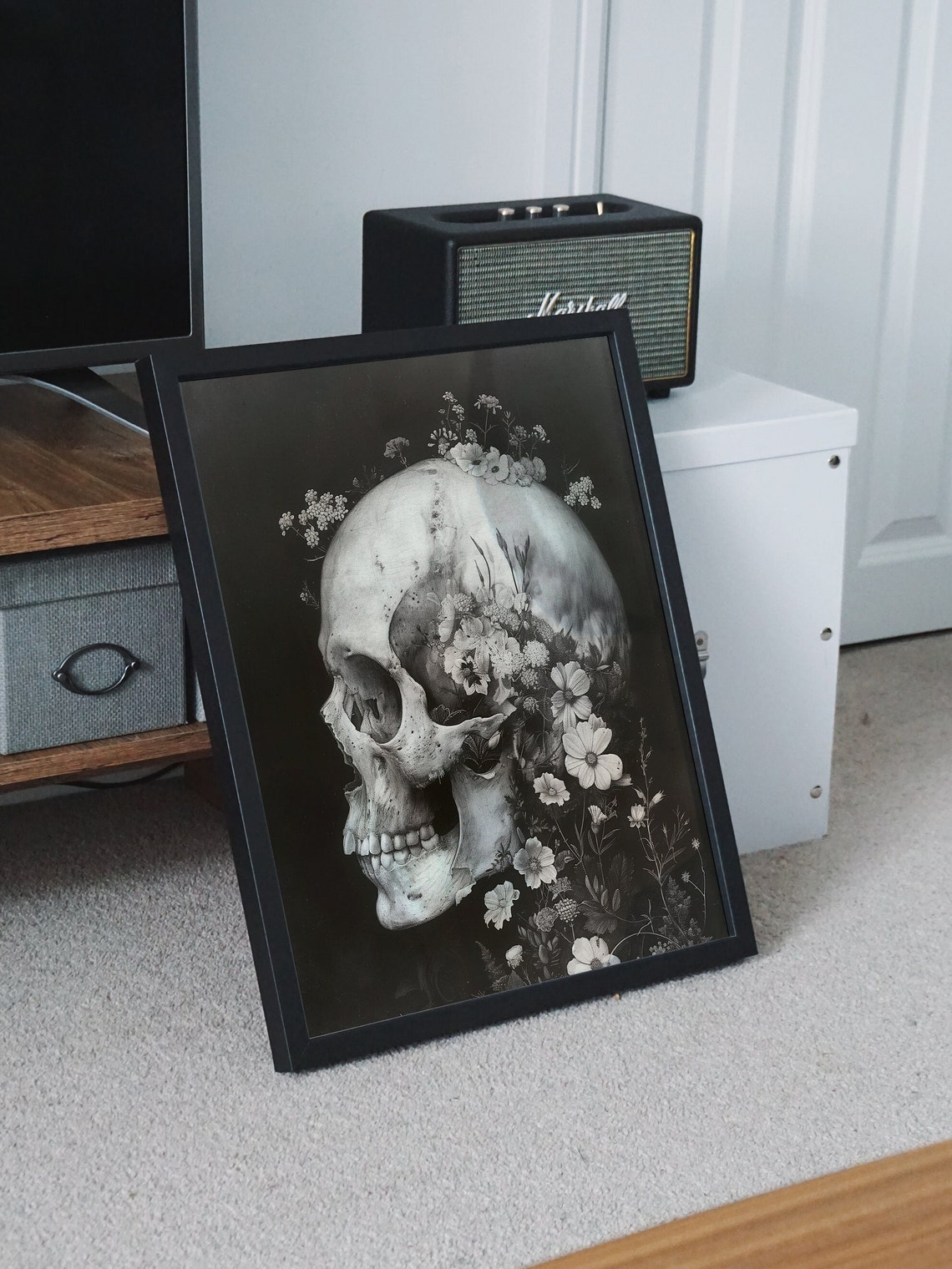 Black and White Floral Skull Profile Gothic Botanical Poster - Image 8