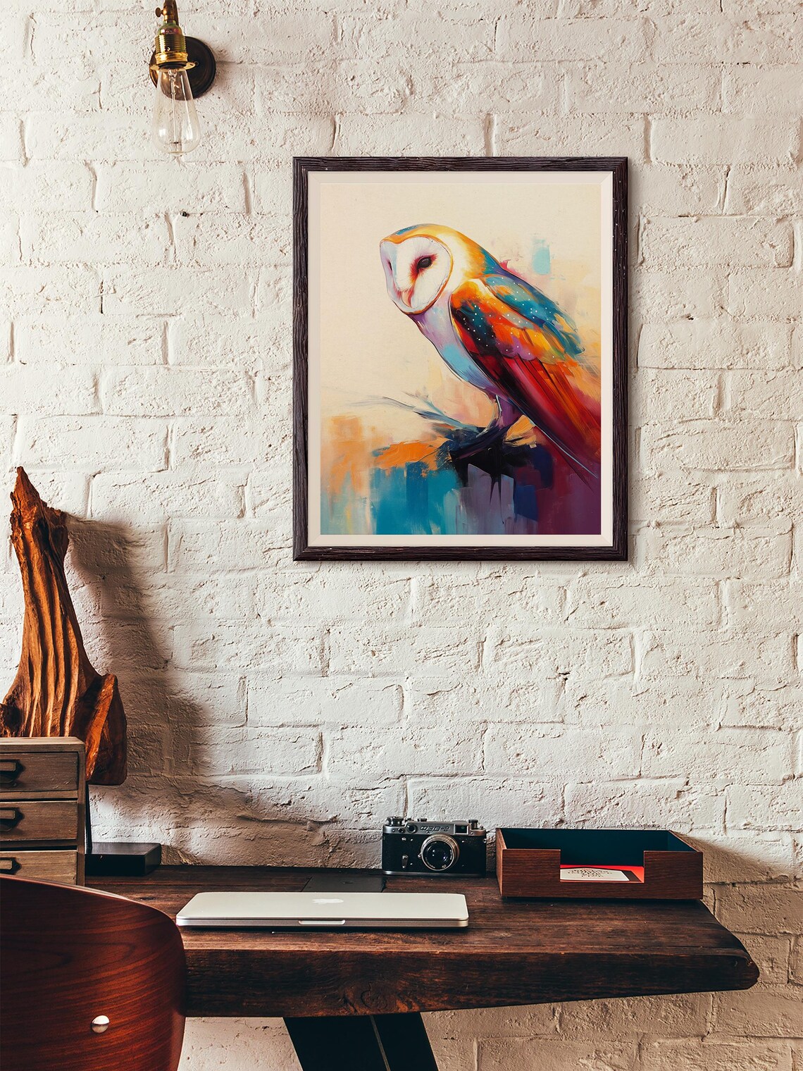 Barn Owl in Profile With Rainbow Painted Plumage on Cream Poster - Image 5