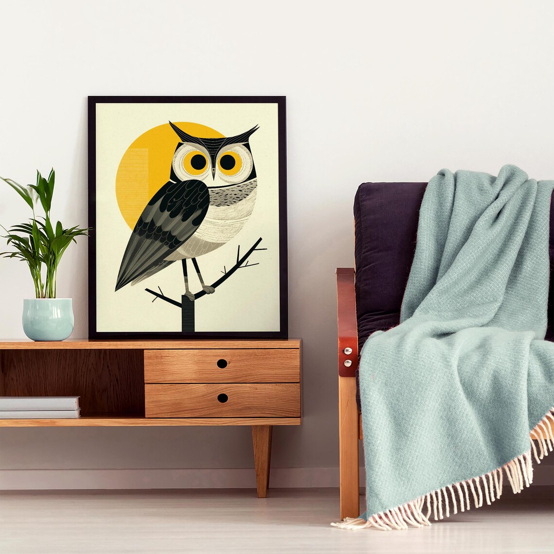 Retro Geometric Owl Perched on a Branch Under a Golden Sun Poster - Image 4