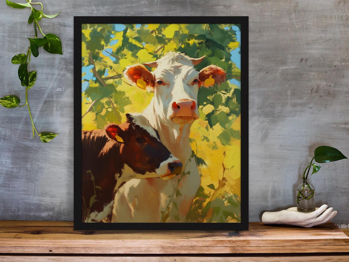 Sweet White Cow and Calf Together Under Sunlit Green Leaves Poster - Image 2