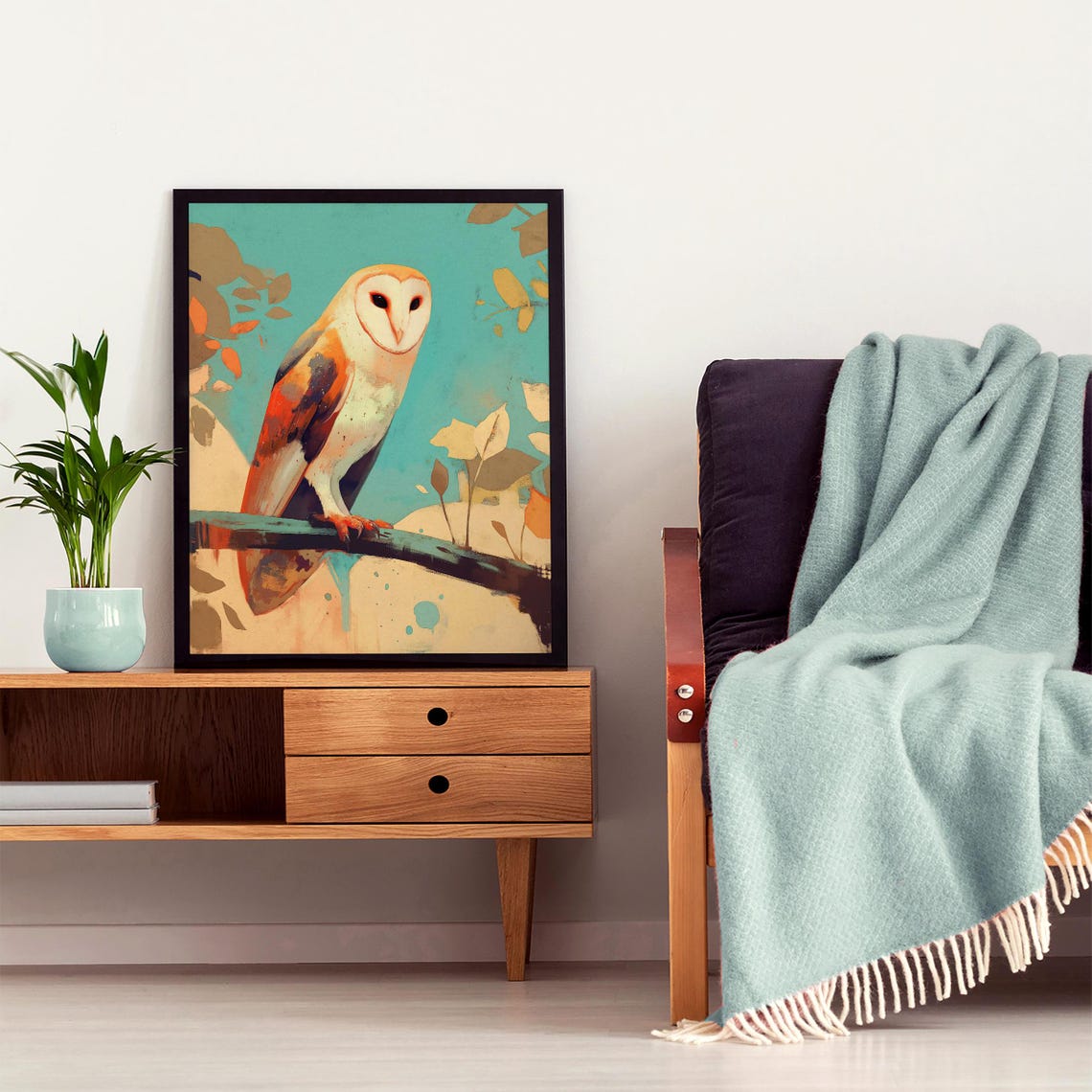 Barn Owl on a Branch in Teal and Coral Watercolor Style Poster - Image 5