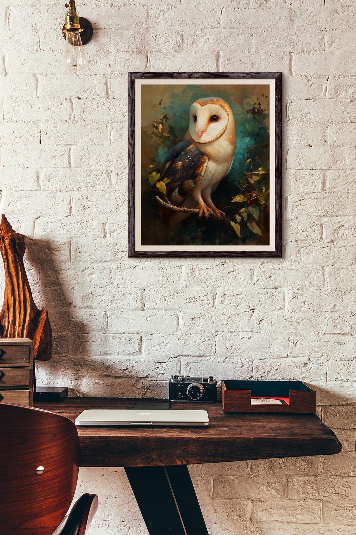 Barn Owl Perched on a Branch in Moody Forest Green Tones Poster - Image 5