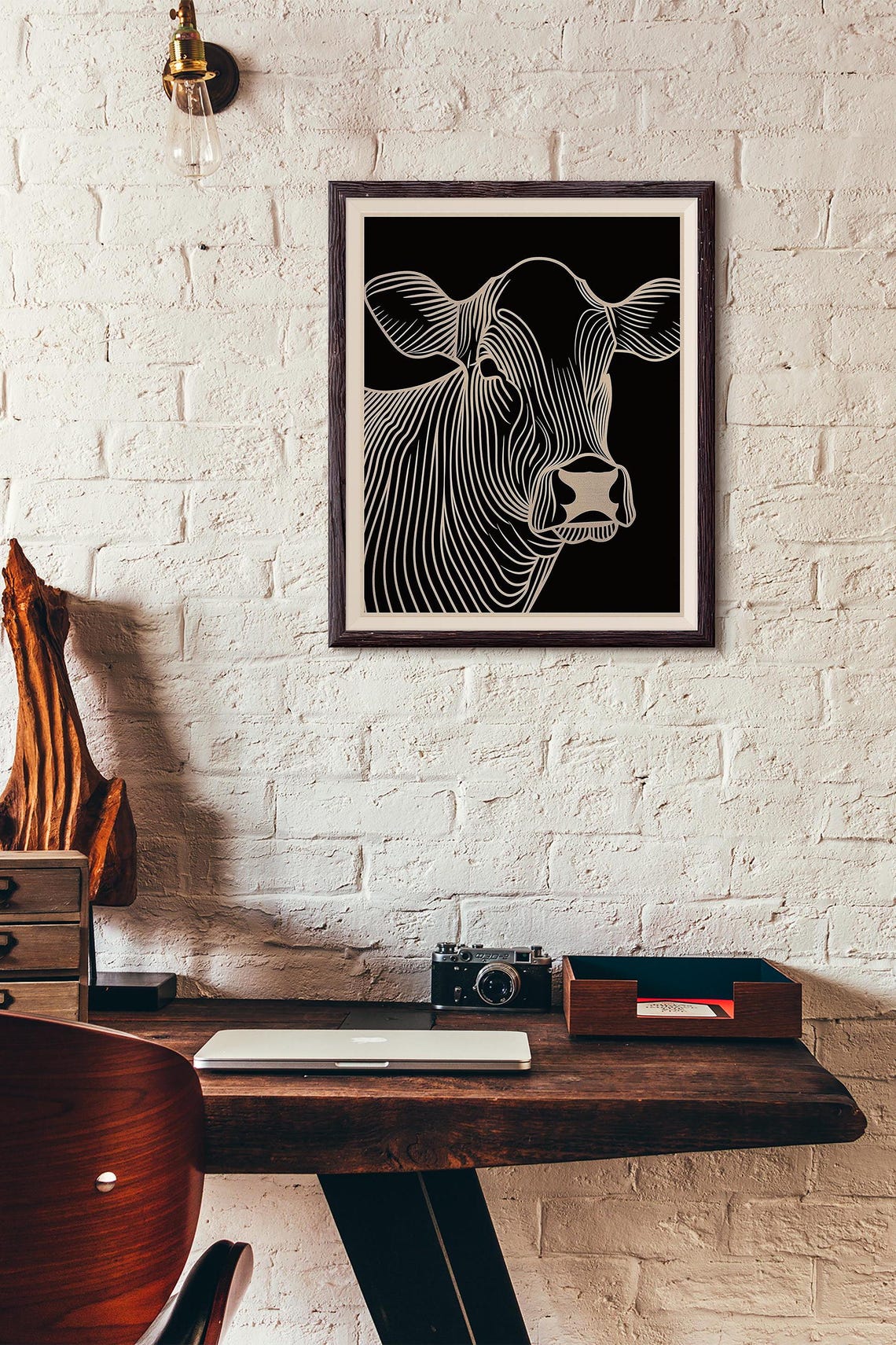 White Line Art Cow Head on a Dramatic Black Background Poster - Image 4