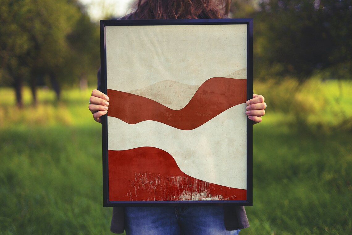Red and Cream Layered Wave Landscape Minimalist Abstract Poster - Image 3