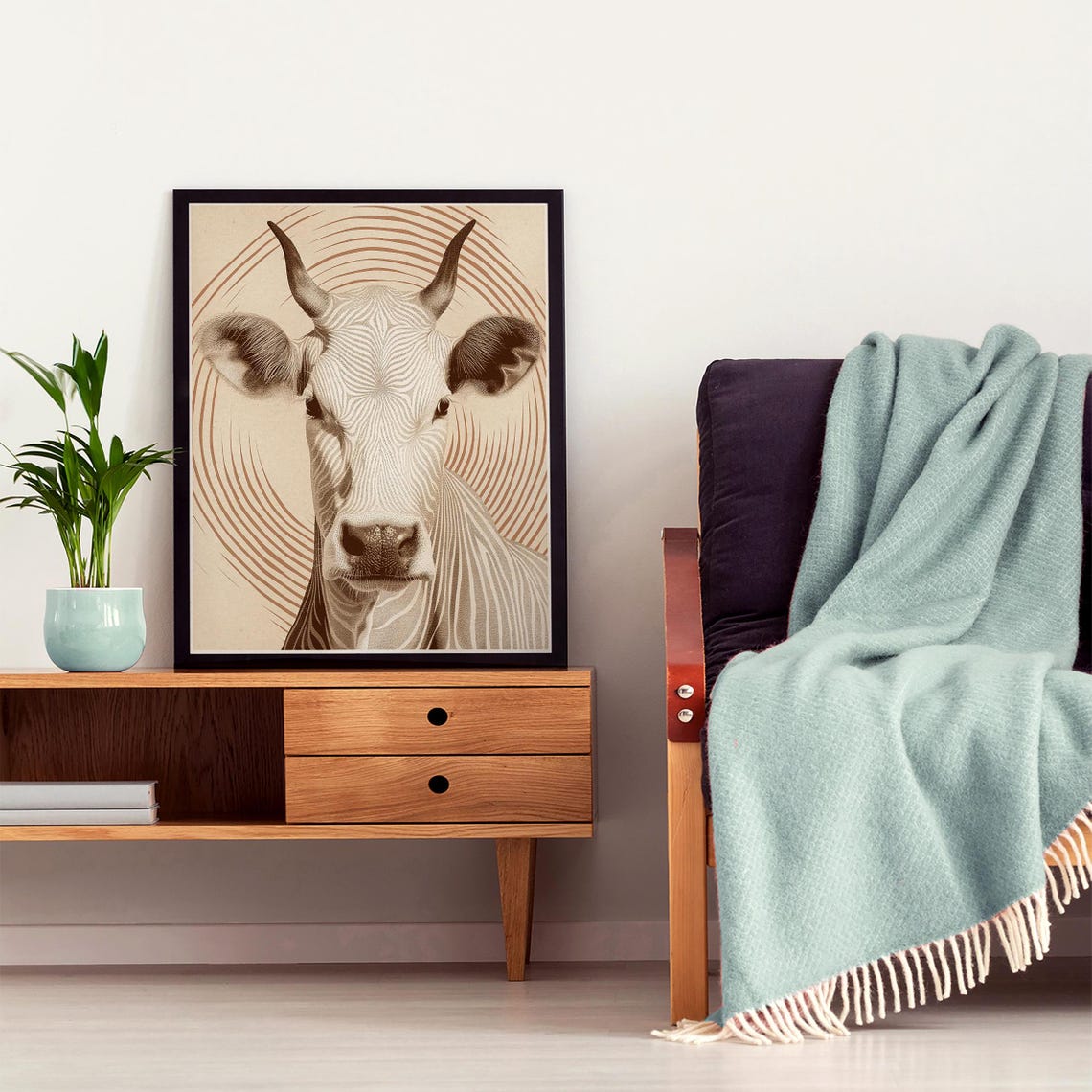 Minimalist Line Art Cow with Spiral Arcs in Sepia Tones Poster - Image 4