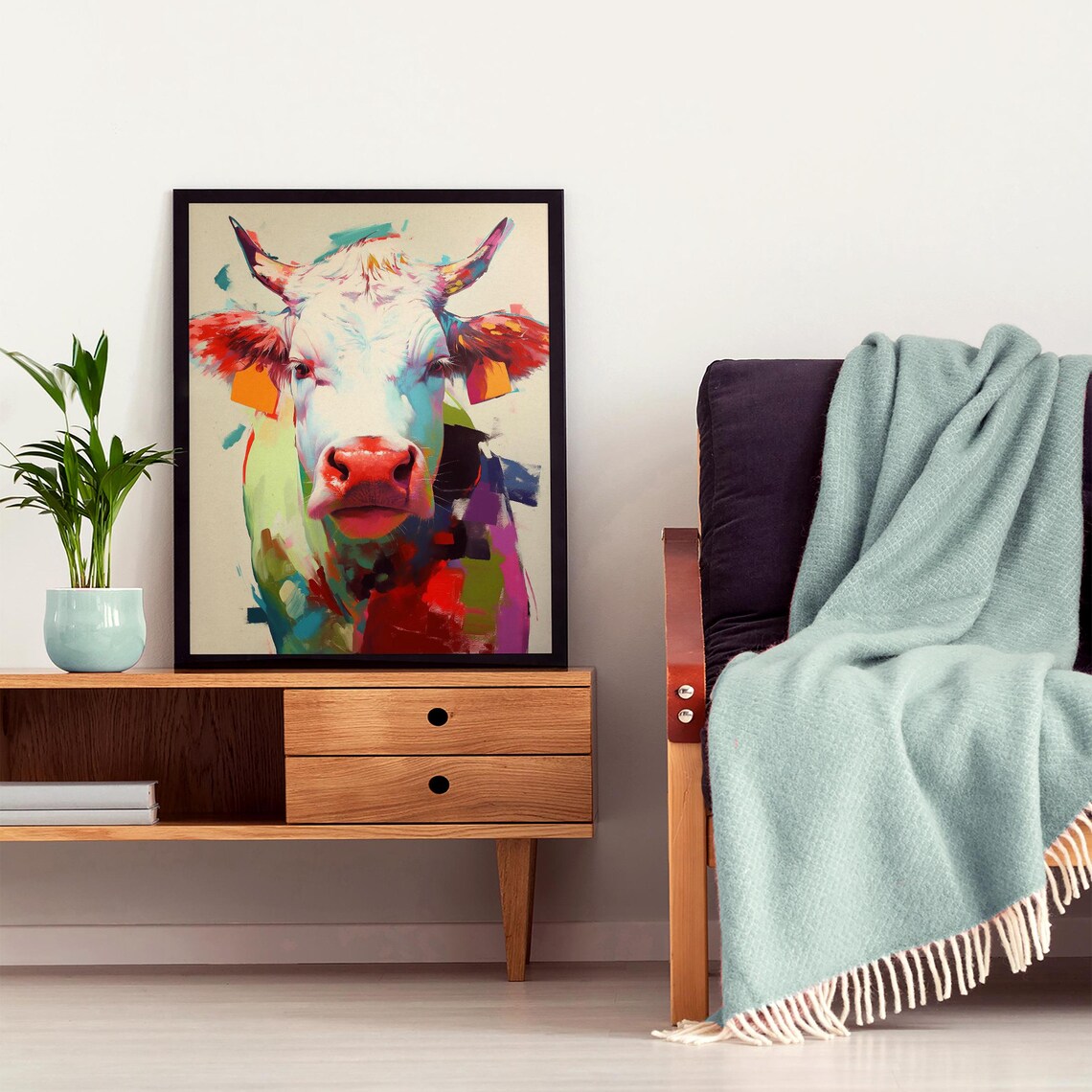 Vibrant Pop Art Cow Portrait in Teal, Red and Coral Hues Poster - Image 6