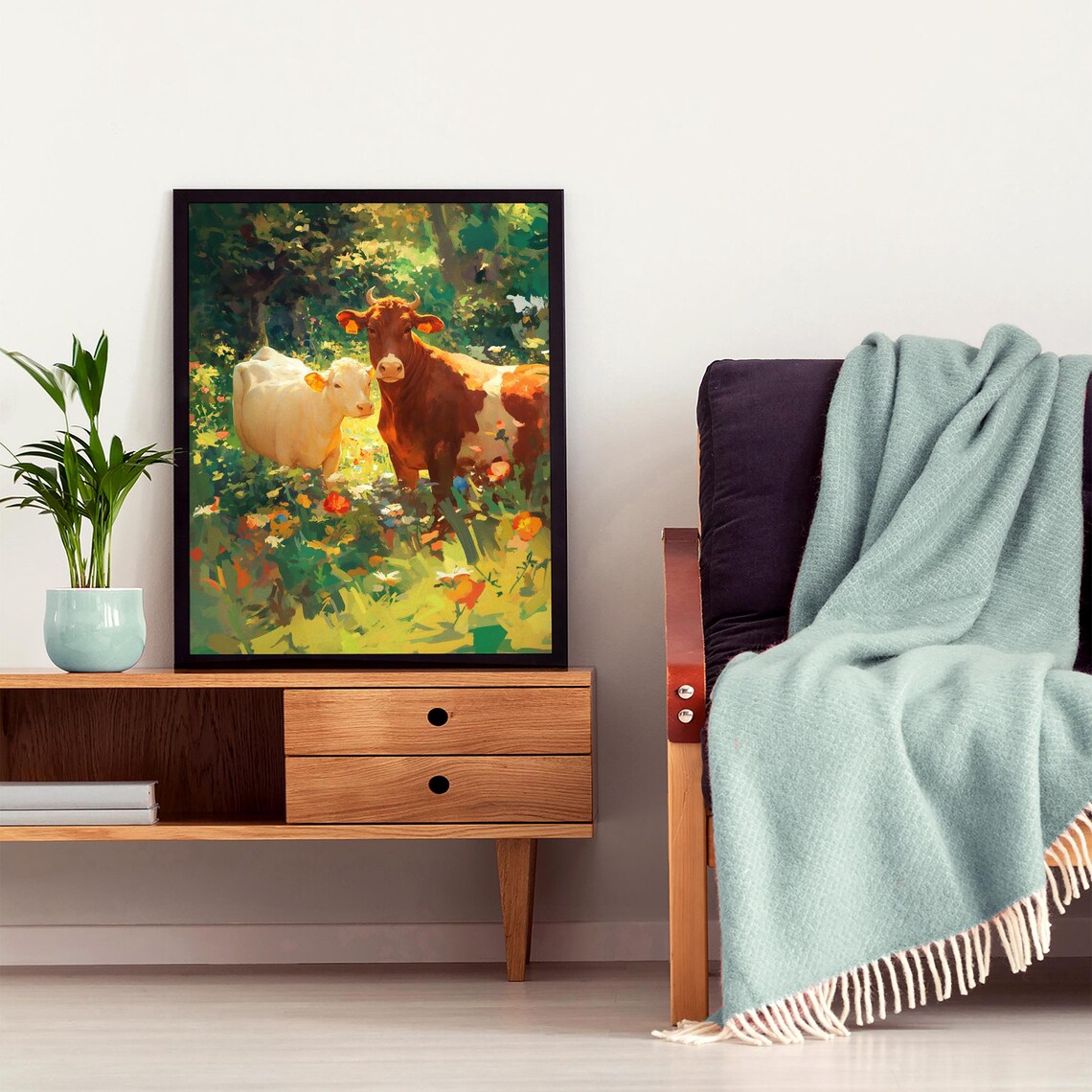 Brown Cow and White Calf in a Sunny Wildflower Meadow Poster - Image 4
