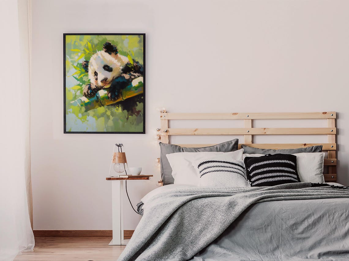 Cute Panda Cub Resting on Bamboo Among Soft Green Leaves Art Poster - Image 5