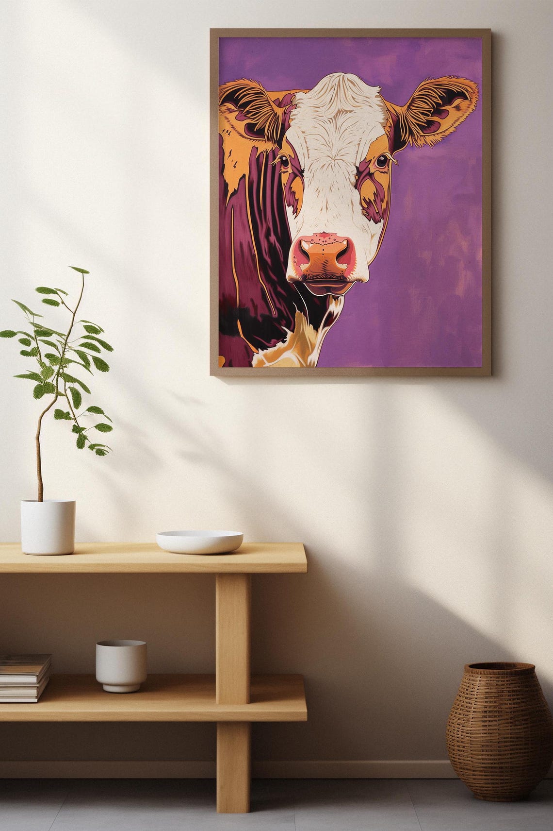 Pop Art Cow Portrait with Bold Orange on Purple Background Poster - Image 7