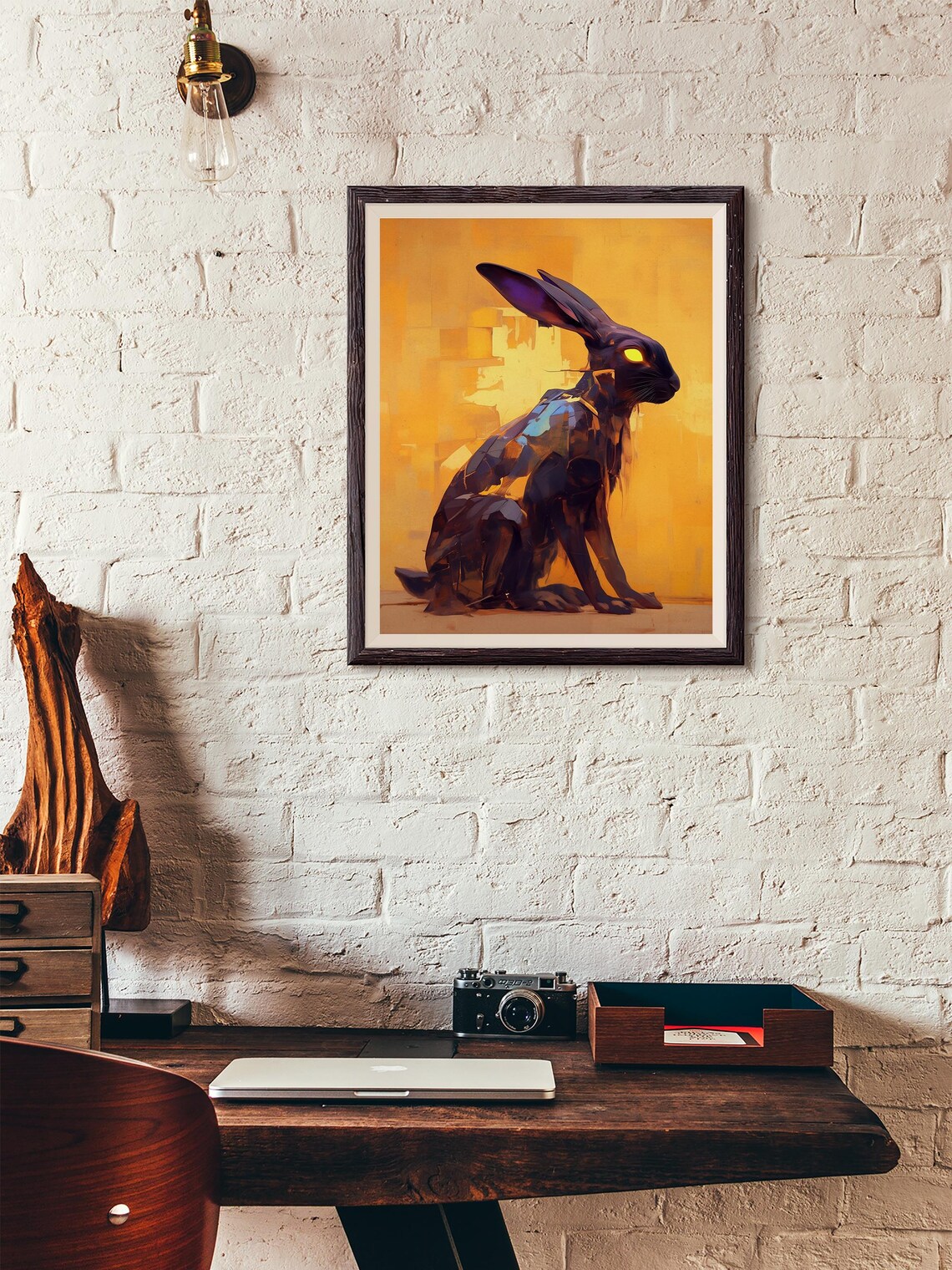 Dark Stylized Rabbit With Glowing Yellow Eyes on Golden Background Poster - Image 5