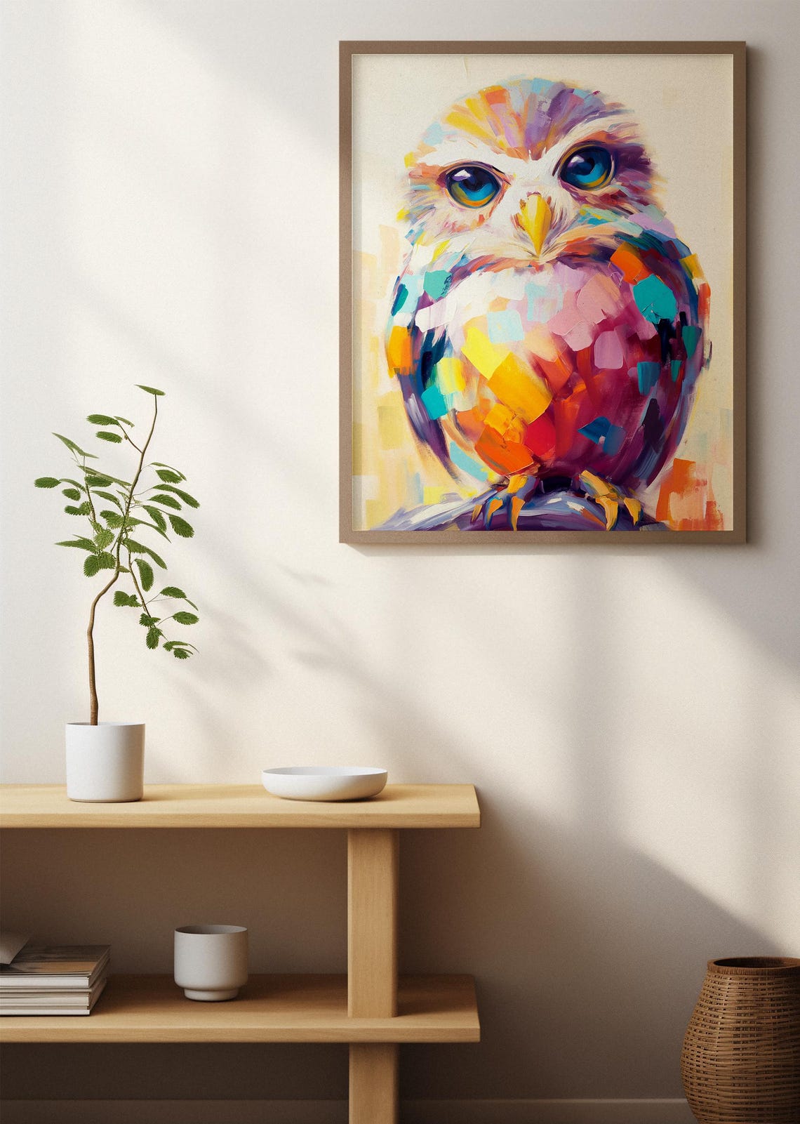 Colorful Mosaic Owl With Striking Blue Eyes on Cream Background Poster - Image 2