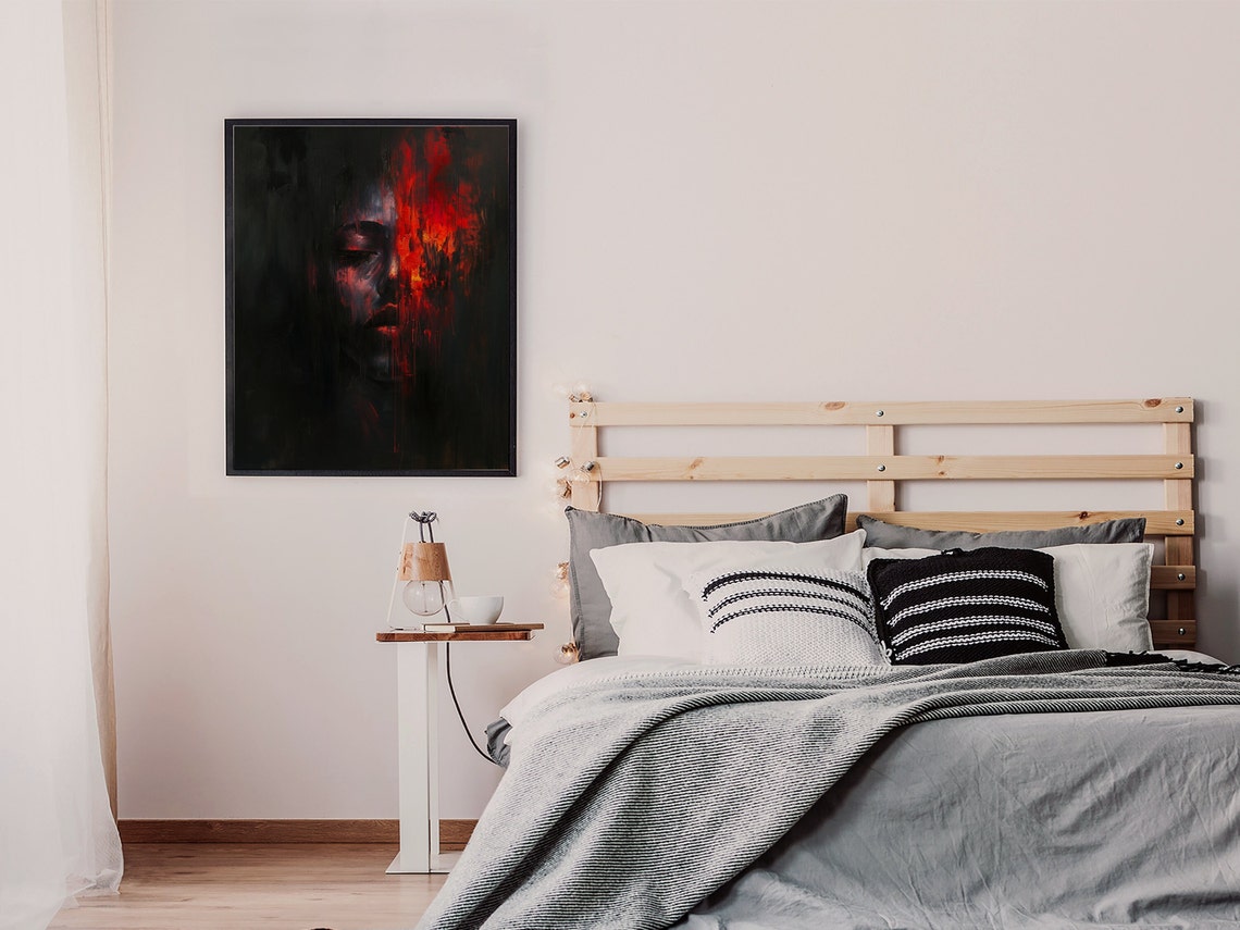 Half Face in Darkness With Fiery Red Abstract Oil Art Poster - Image 4