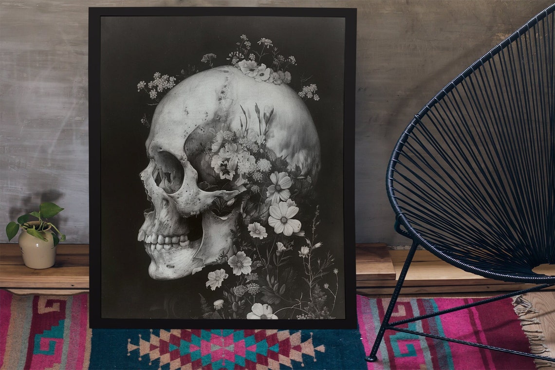 Oil Skull Art Decor Gift For Her Skull Wedding Gift Skull Lover Art Gift For Dad Oil Skull Art Print - Image 3