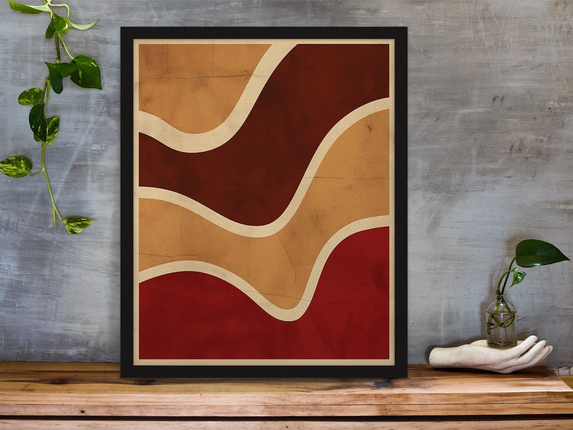 Burgundy and Cream Flowing Waves Retro Mid Century Abstract Poster - Image 2