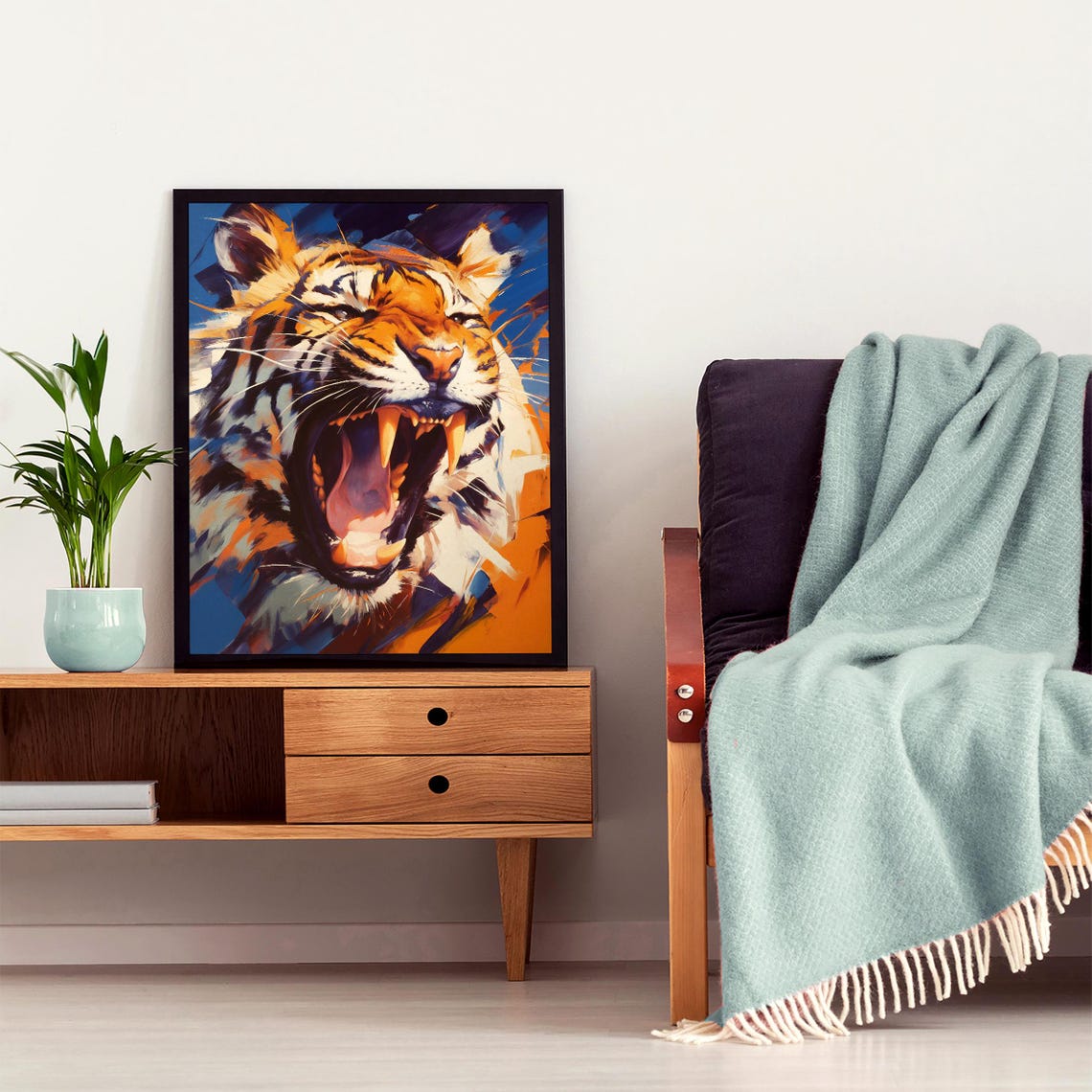 Roaring Tiger Baring Fangs in Bold Orange and Blue Brushstrokes Poster - Image 5