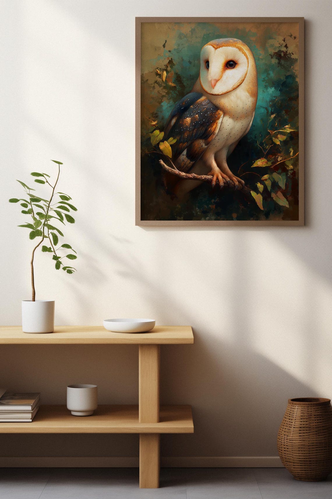 Barn Owl Perched on a Branch in Moody Forest Green Tones Poster - Image 3