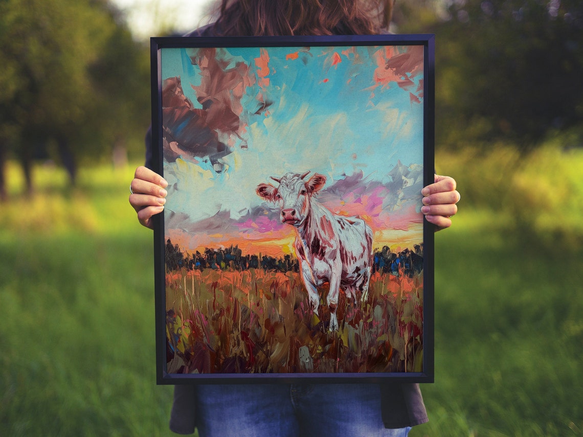 White Cow in Field at Sunset Impasto Oil Painting Farm Poster - Image 7