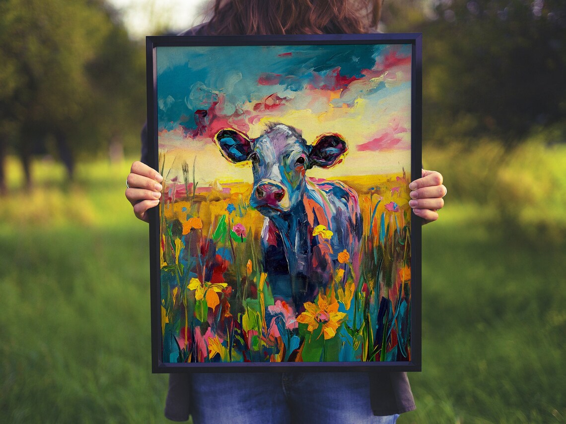 Colorful Cow in Flower Field Sunset Cheerful Farm Art Poster - Image 6