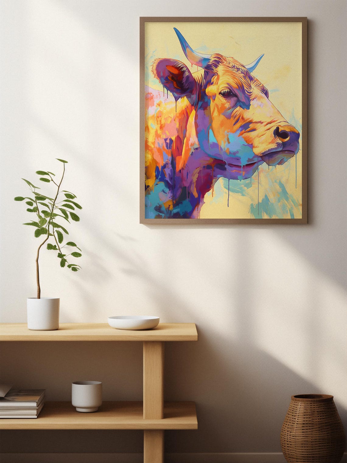 Golden Bull Profile in Orange and Blue with Paint Drips Poster - Image 3