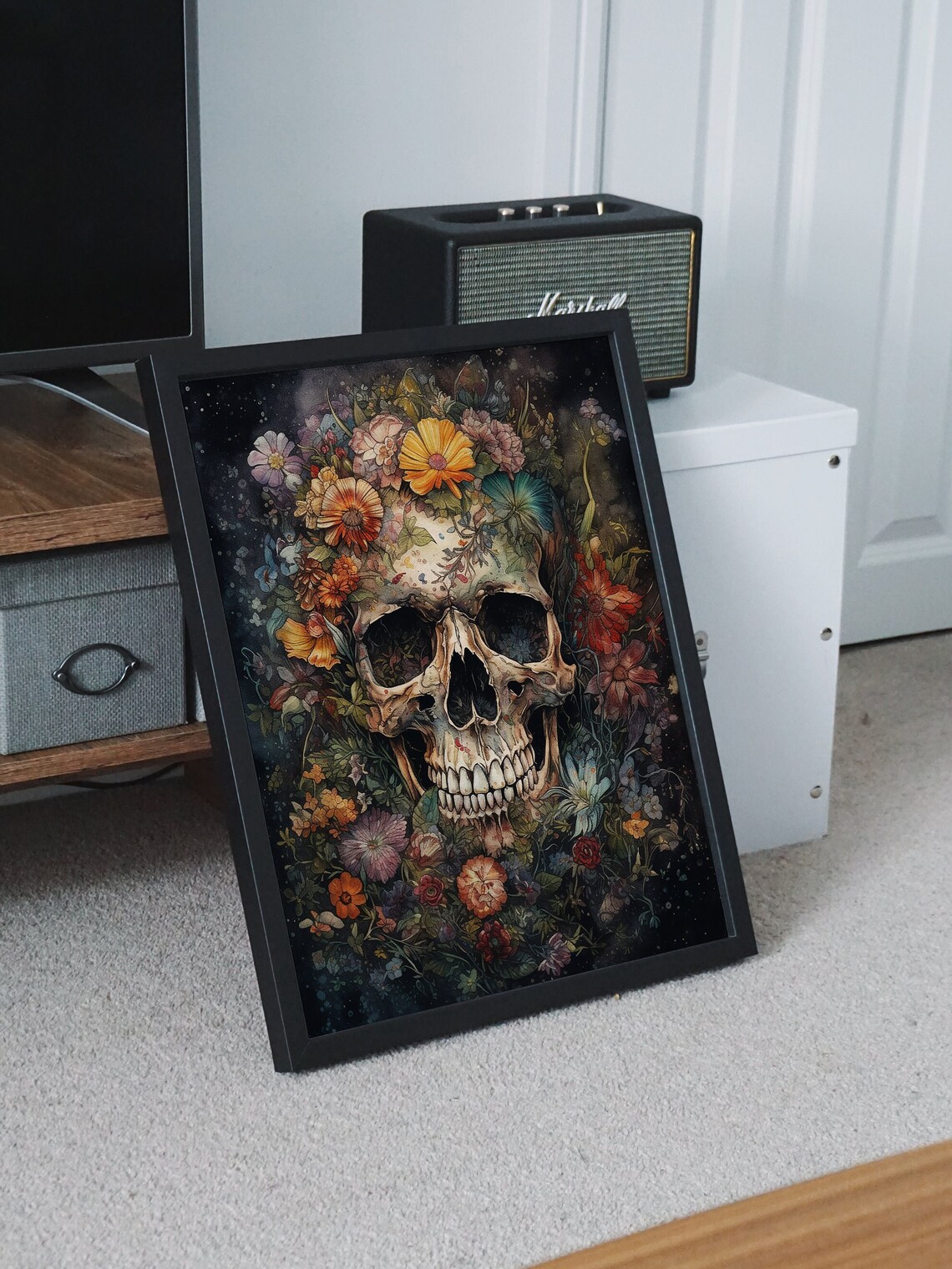 Floral Human Skull Colorful Surreal Day of the Dead Art Poster - Image 5